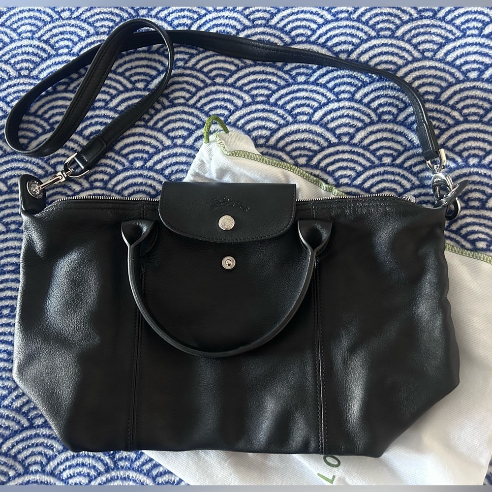 Longchamp le Pliage Black All Leather Crossbody Bag